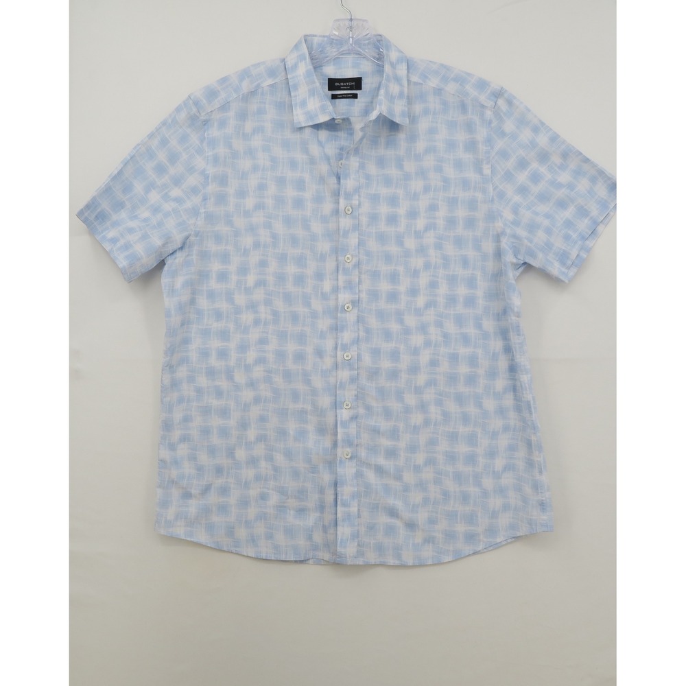 Bugatchi Mens Shaped Fit Super Fine Cotton Short Sleeve Button Down Shirt Blue L